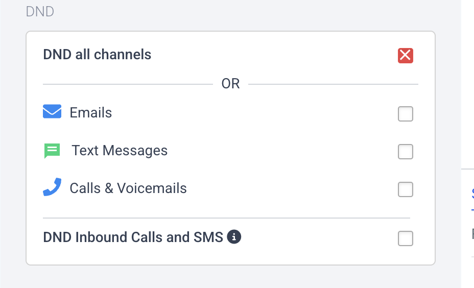 DND settings showing channel-specific controls for email, text messages, calls and voicemails, and inbound calls and SMS