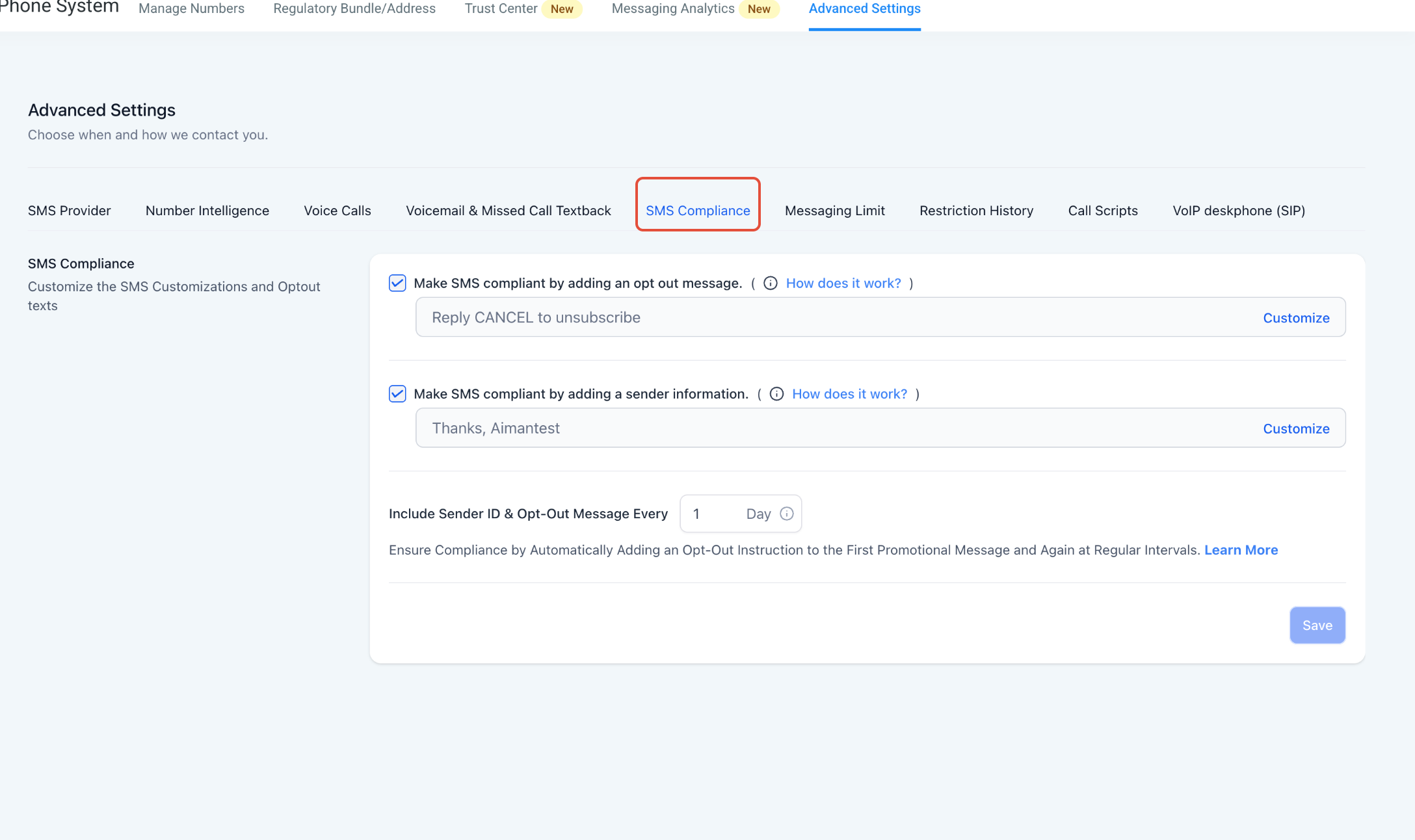 SMS Compliance settings showing opt-out messages, sender information, and recurring compliance text