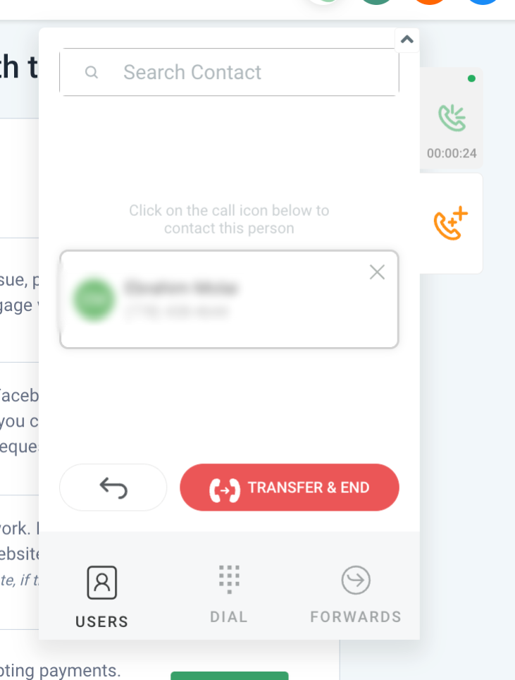 Web Dialer blind transfer screen showing Transfer and End