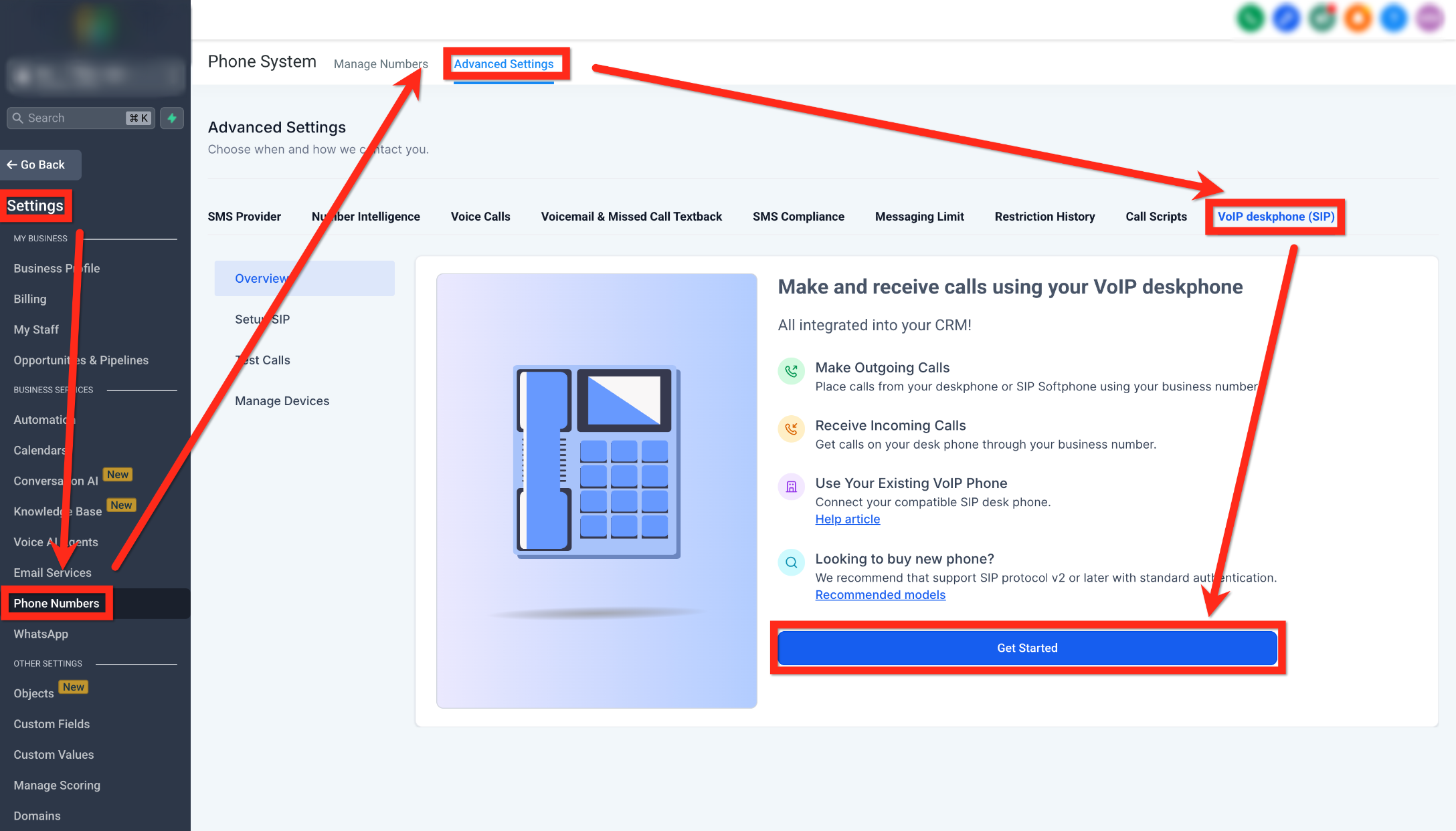 Phone System Advanced Settings showing VoIP deskphone SIP and Get Started
