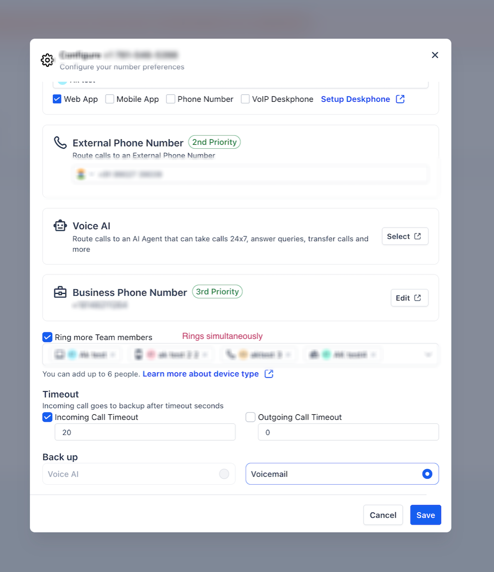 Call Forwarding configuration showing team members, forwarding options, timeout, and backup