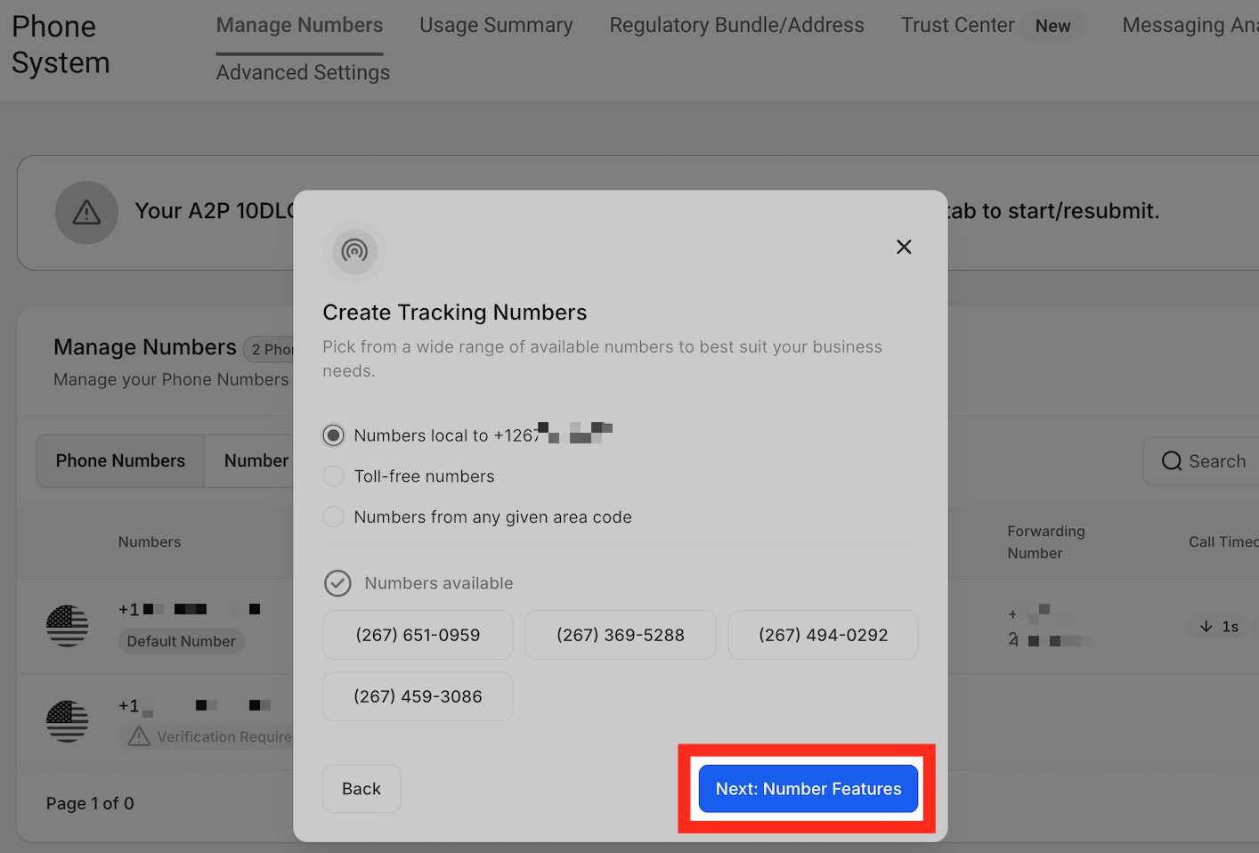 Next: Number Features button