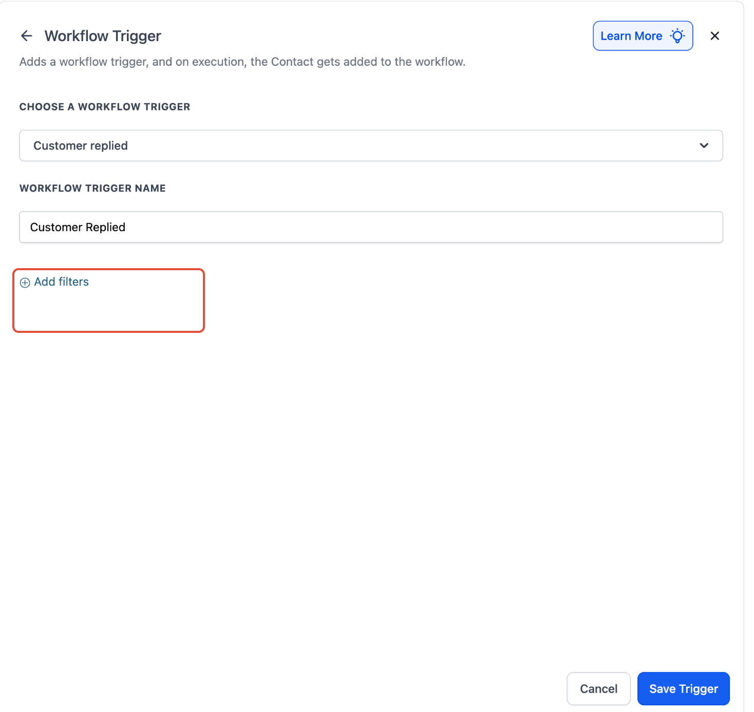 Add Filters option in Customer Replied trigger settings