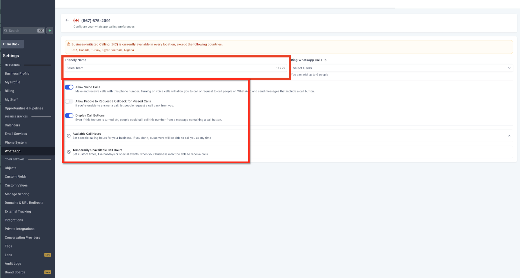 Enabling Allow calls, Callback on missed calls and Call buttons