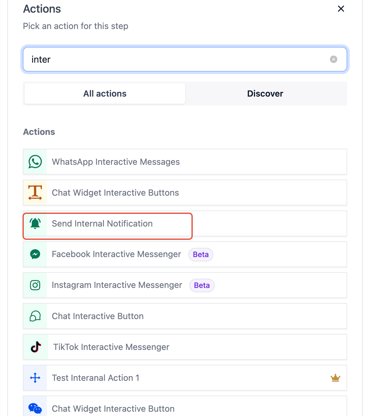 Send Internal Notification selected as the workflow action