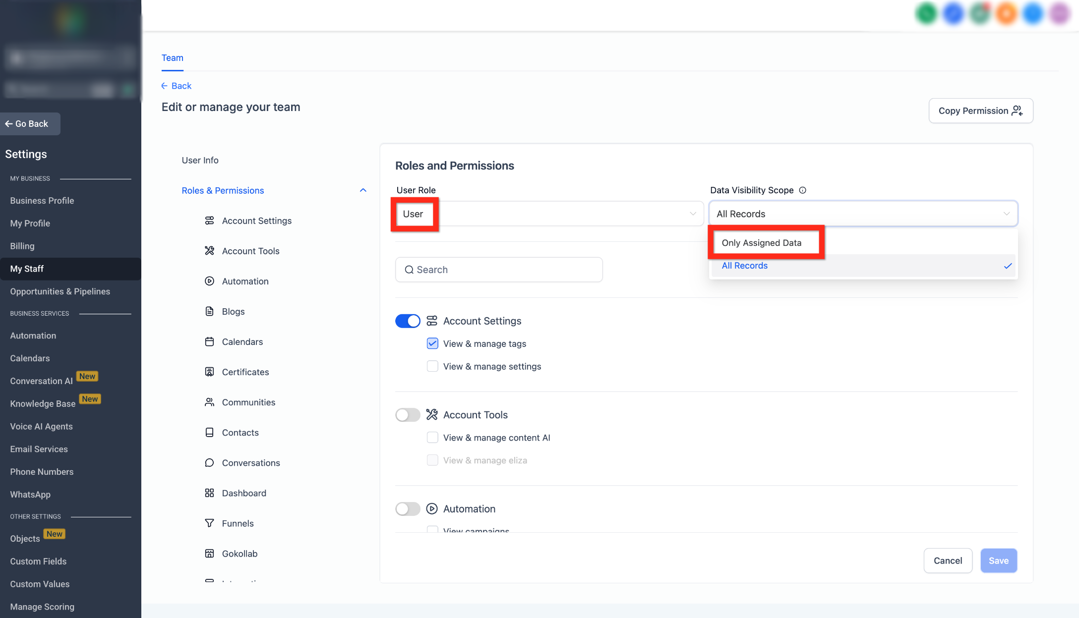 User Roles and Permissions showing User role and Only Assigned Data