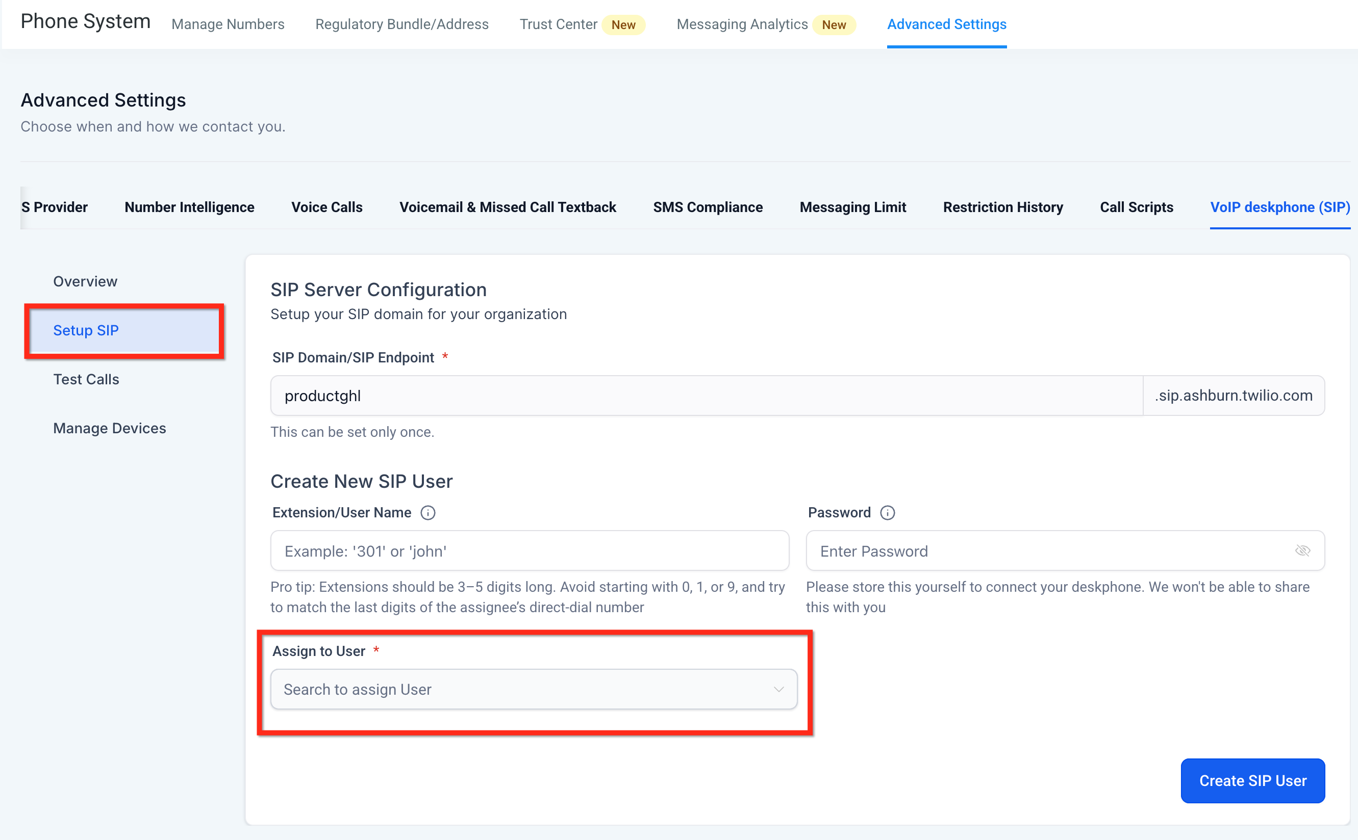 SIP setup showing Assign to User dropdown