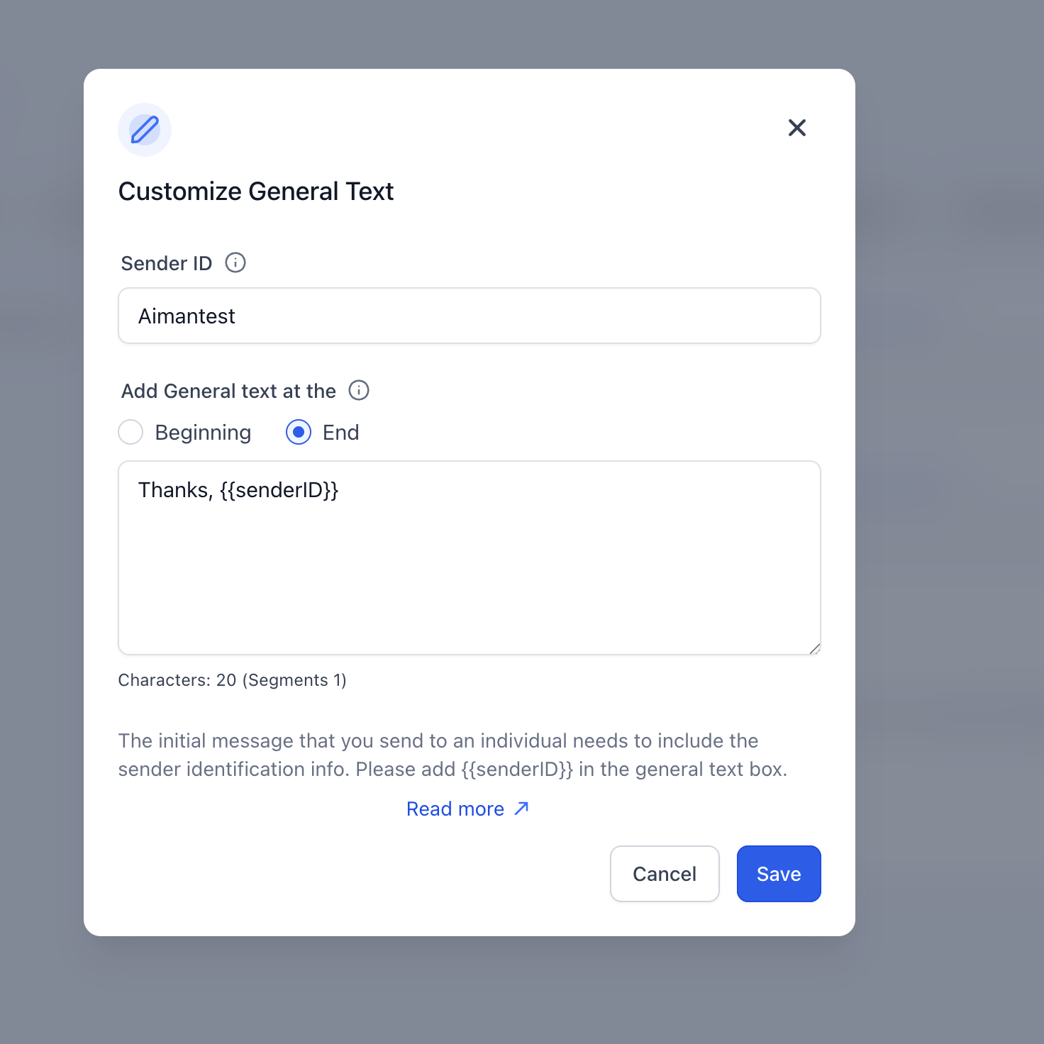Customize General Text window showing the Sender ID field and sender identification text