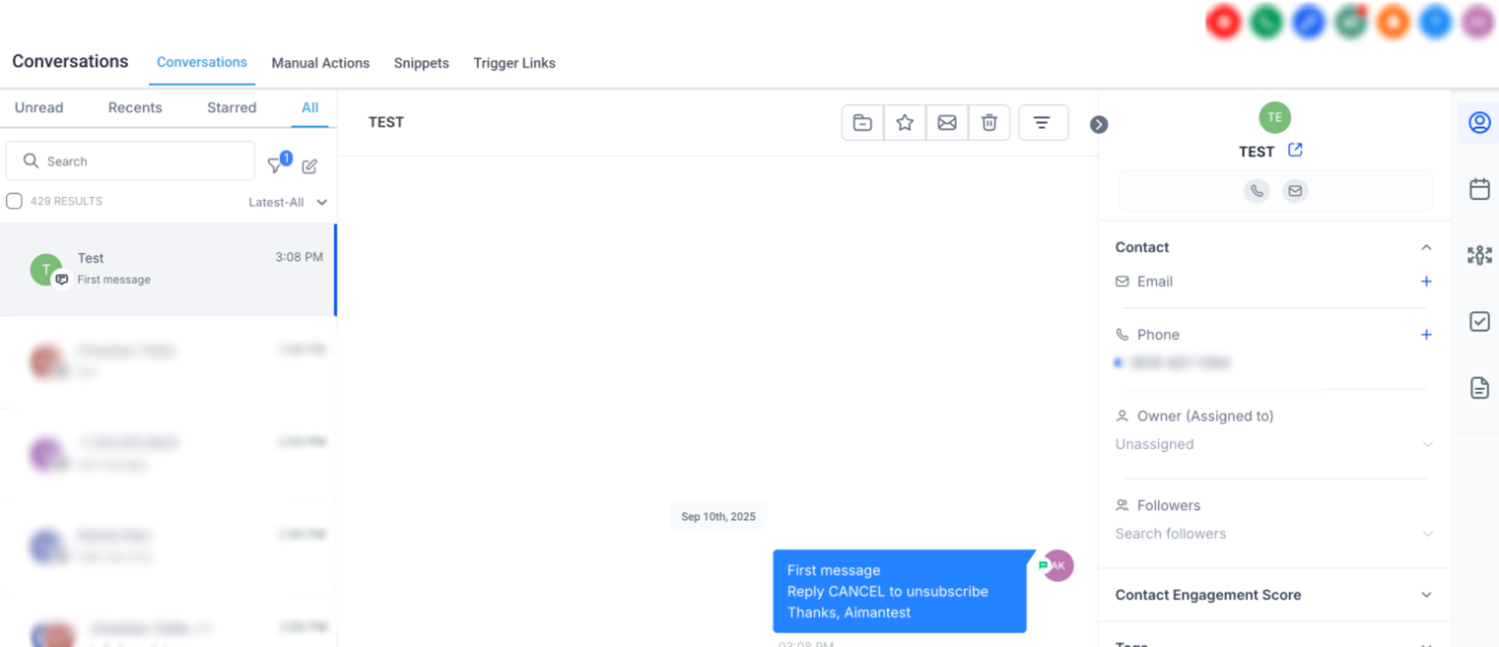 Conversation showing a first outbound SMS with opt-out instructions and sender identification
