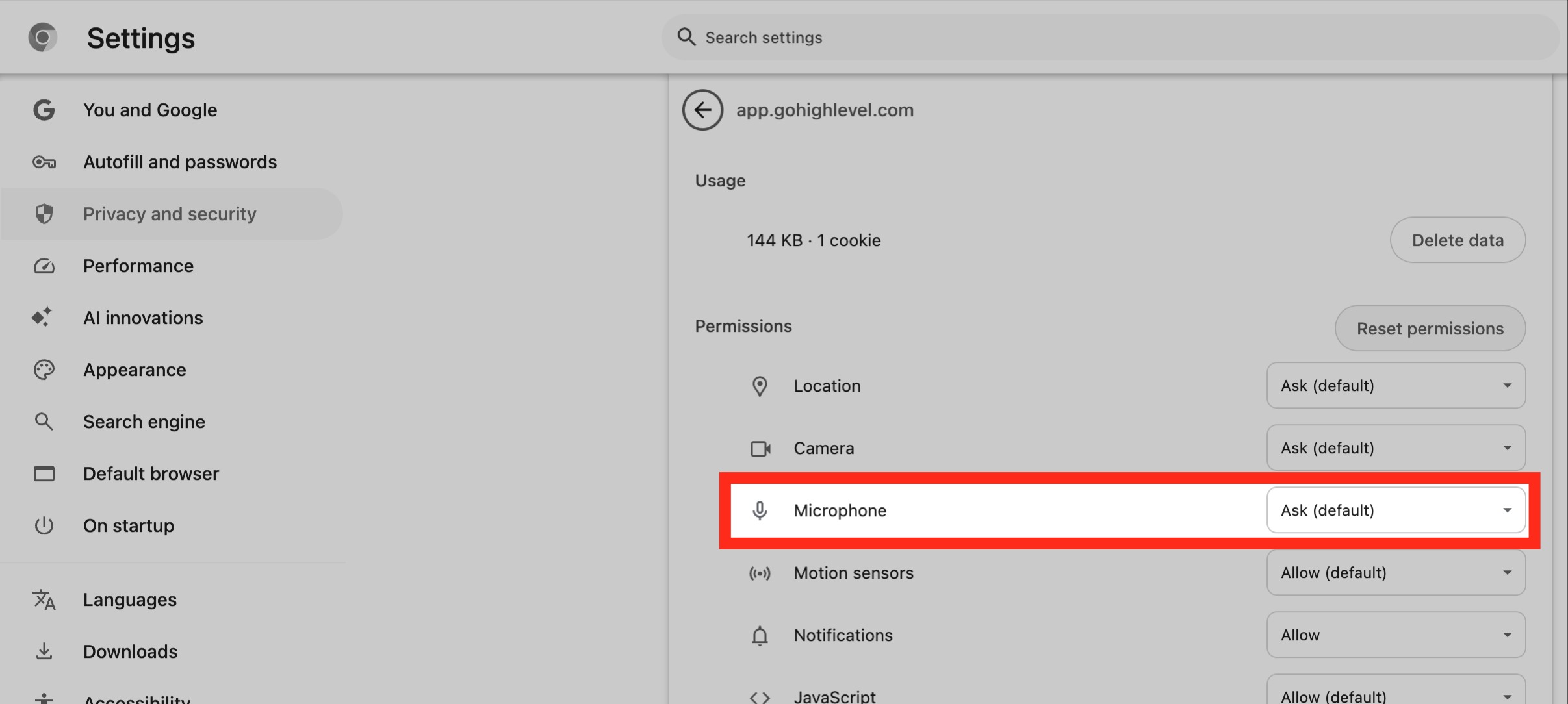 Chrome site settings showing the microphone permission option