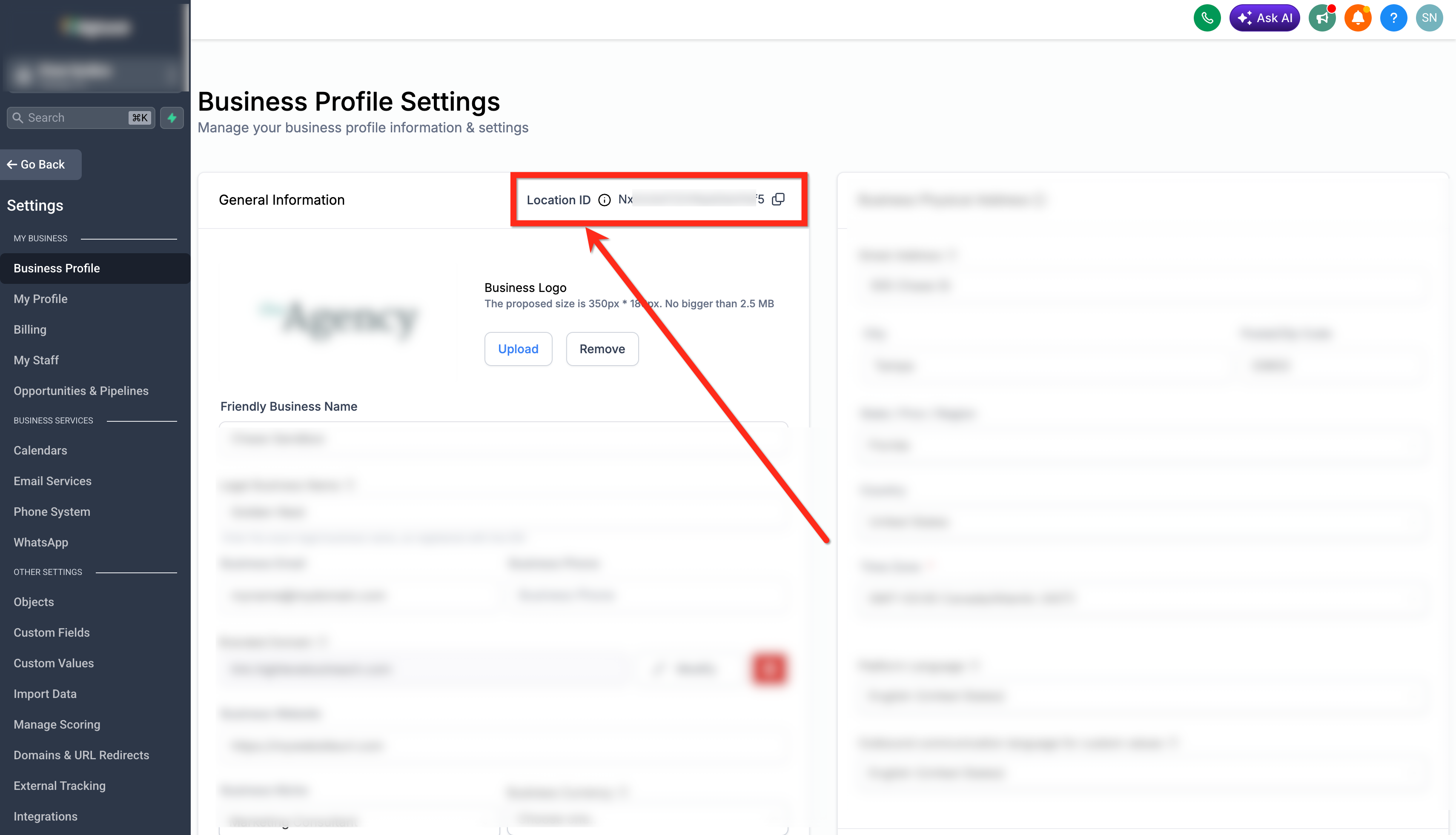 Business Profile settings showing the Location ID