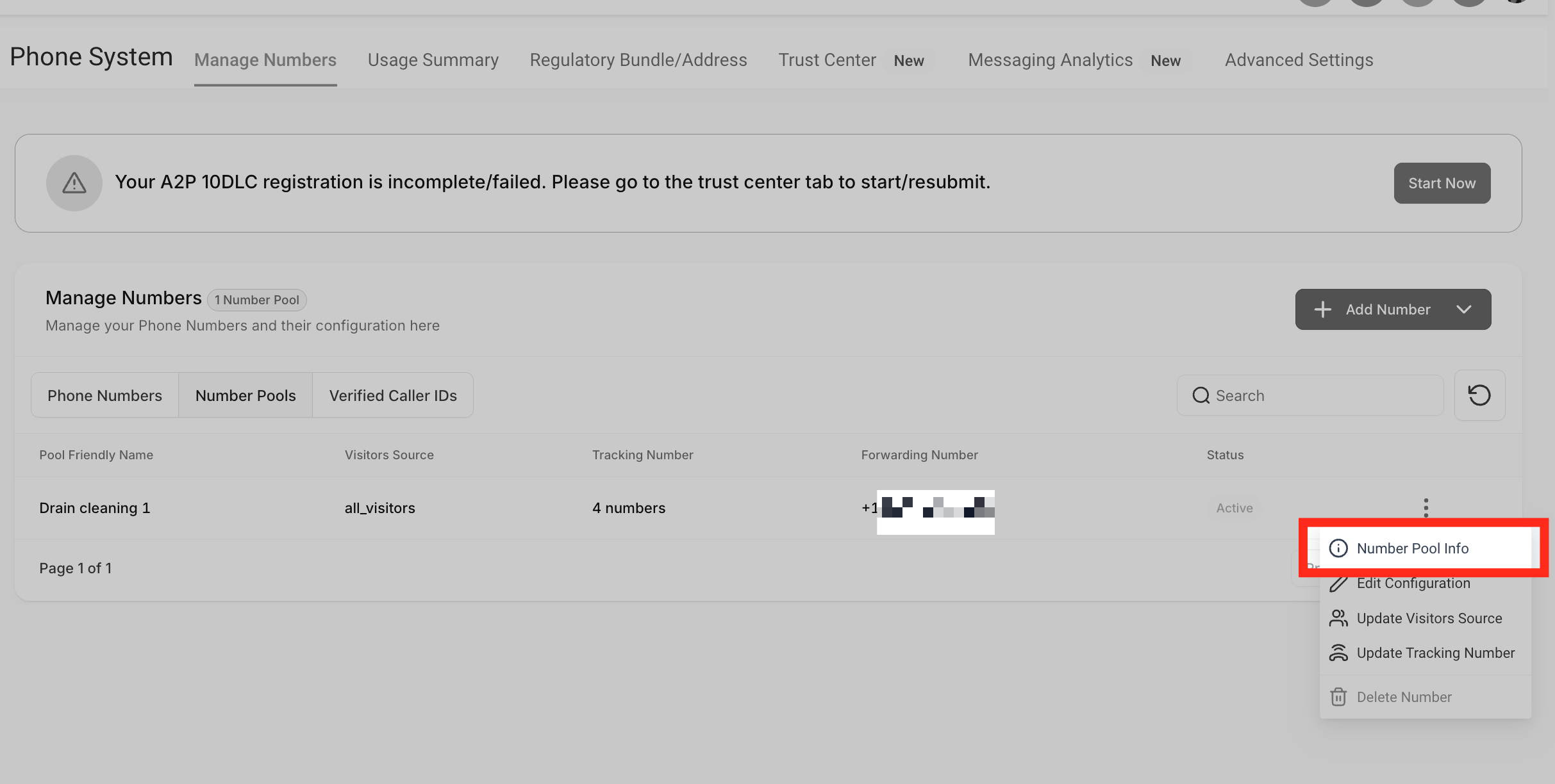 Number Pool Info option