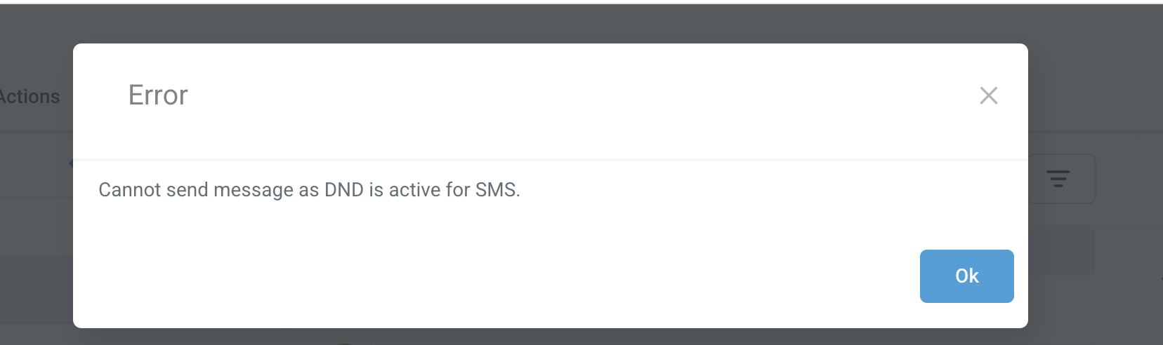 Error message indicating that an SMS cannot be sent because DND is active for SMS