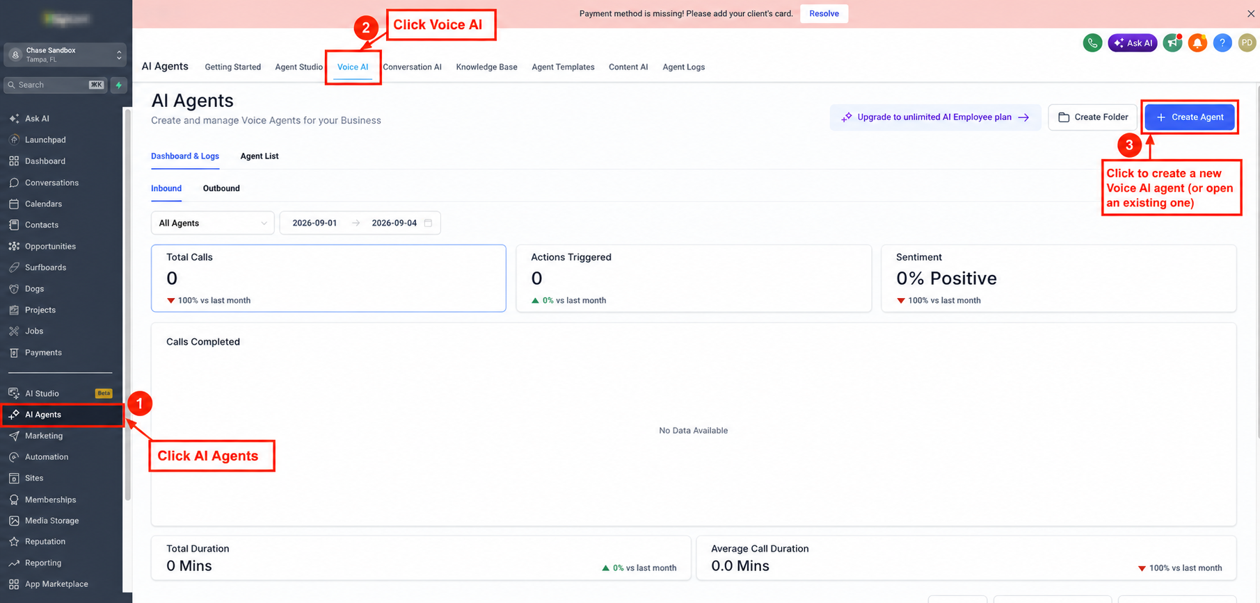 Navigate to AI Agents and Voice AI to open or create the applicable Voice AI agent