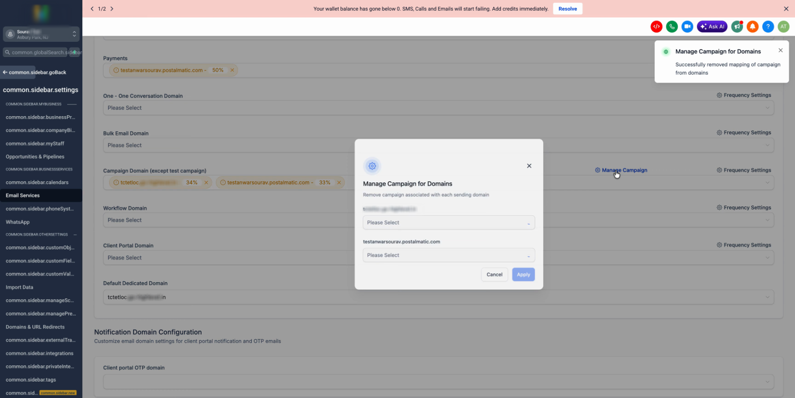 Manage Campaign list now empty, confirming all campaigns are unlinked