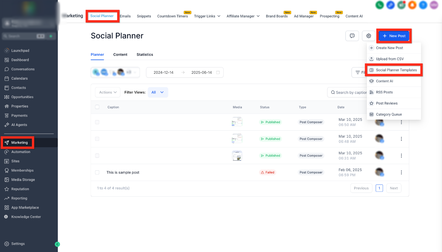 New Post menu with Social Planner Templates highlighted.