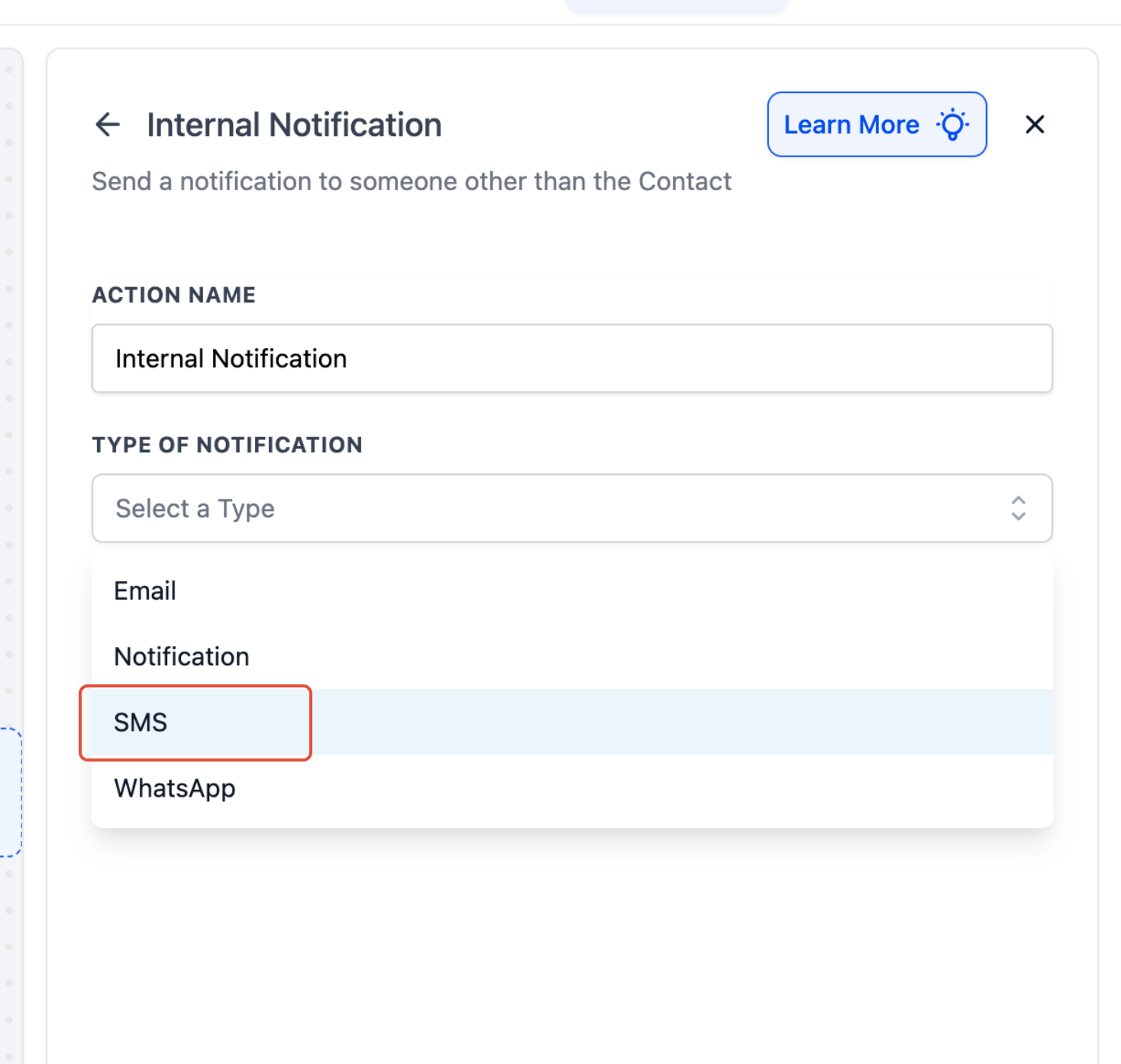 Internal SMS notification configuration panel