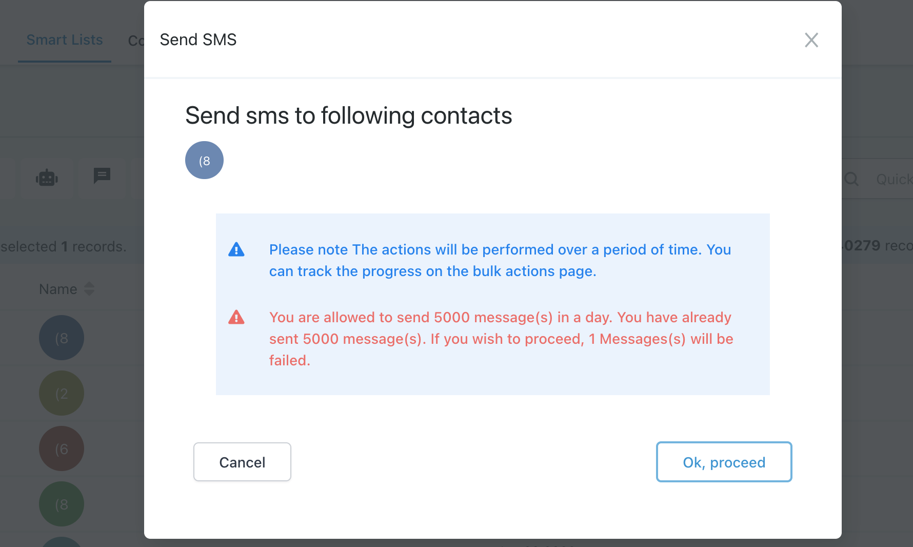 Bulk SMS warning showing the daily SMS sending limit has already been reached