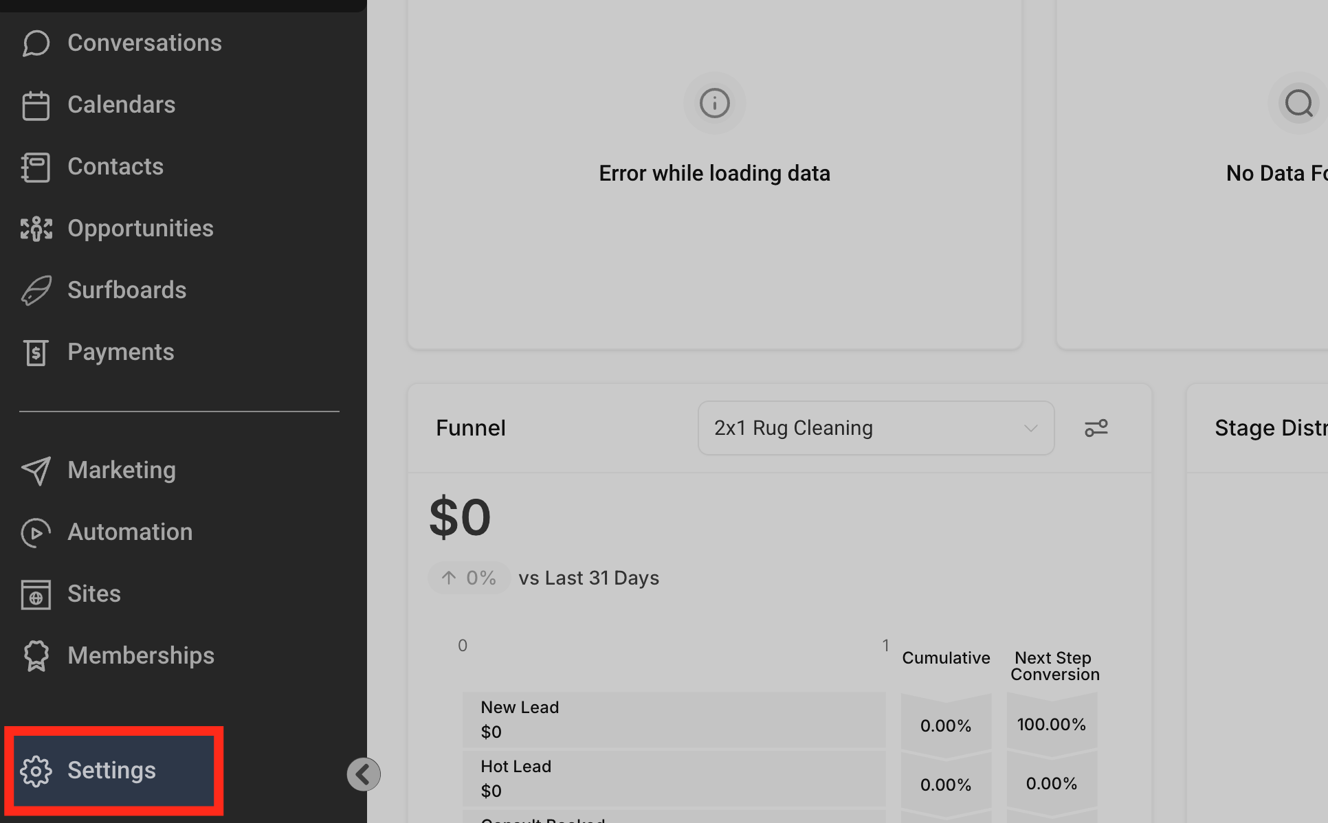 Settings menu