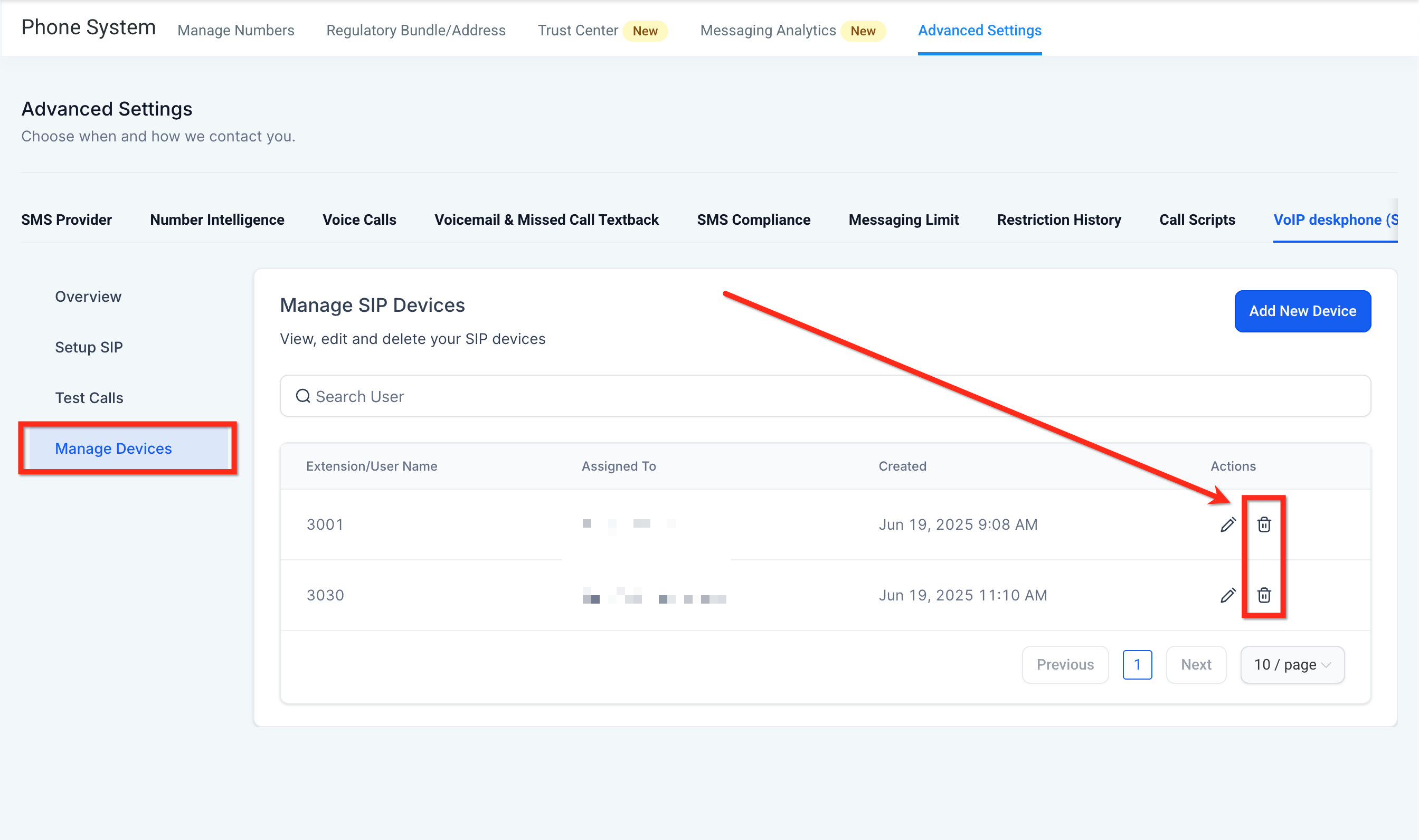 Manage SIP Devices screen showing edit and delete actions