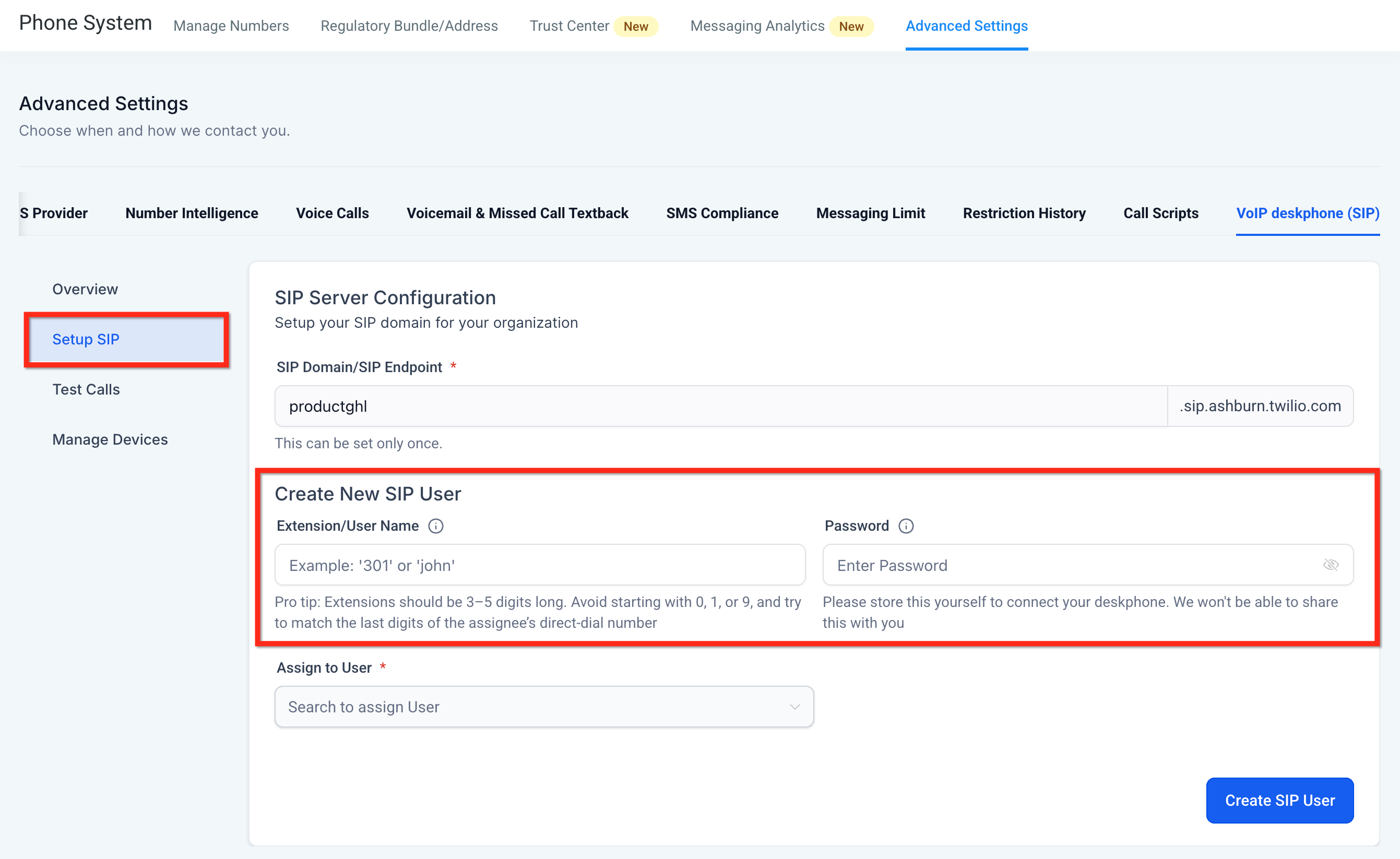 Create New SIP User fields for extension username and password