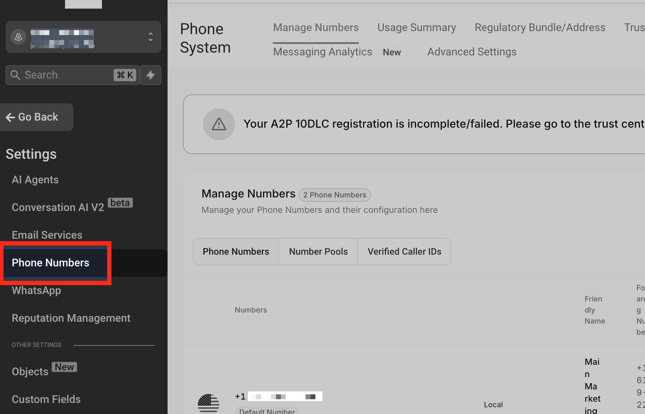 Phone Numbers menu