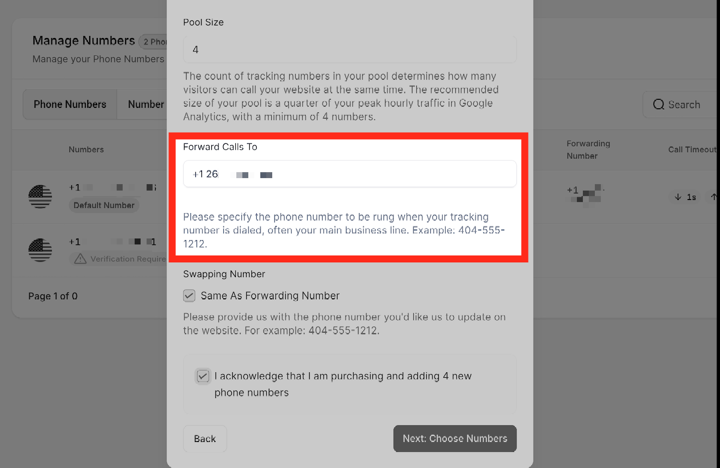 Forwarding Number field