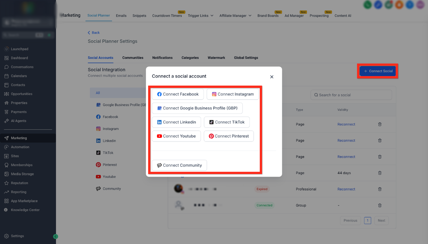 Connect a social account window showing the available social integrations.