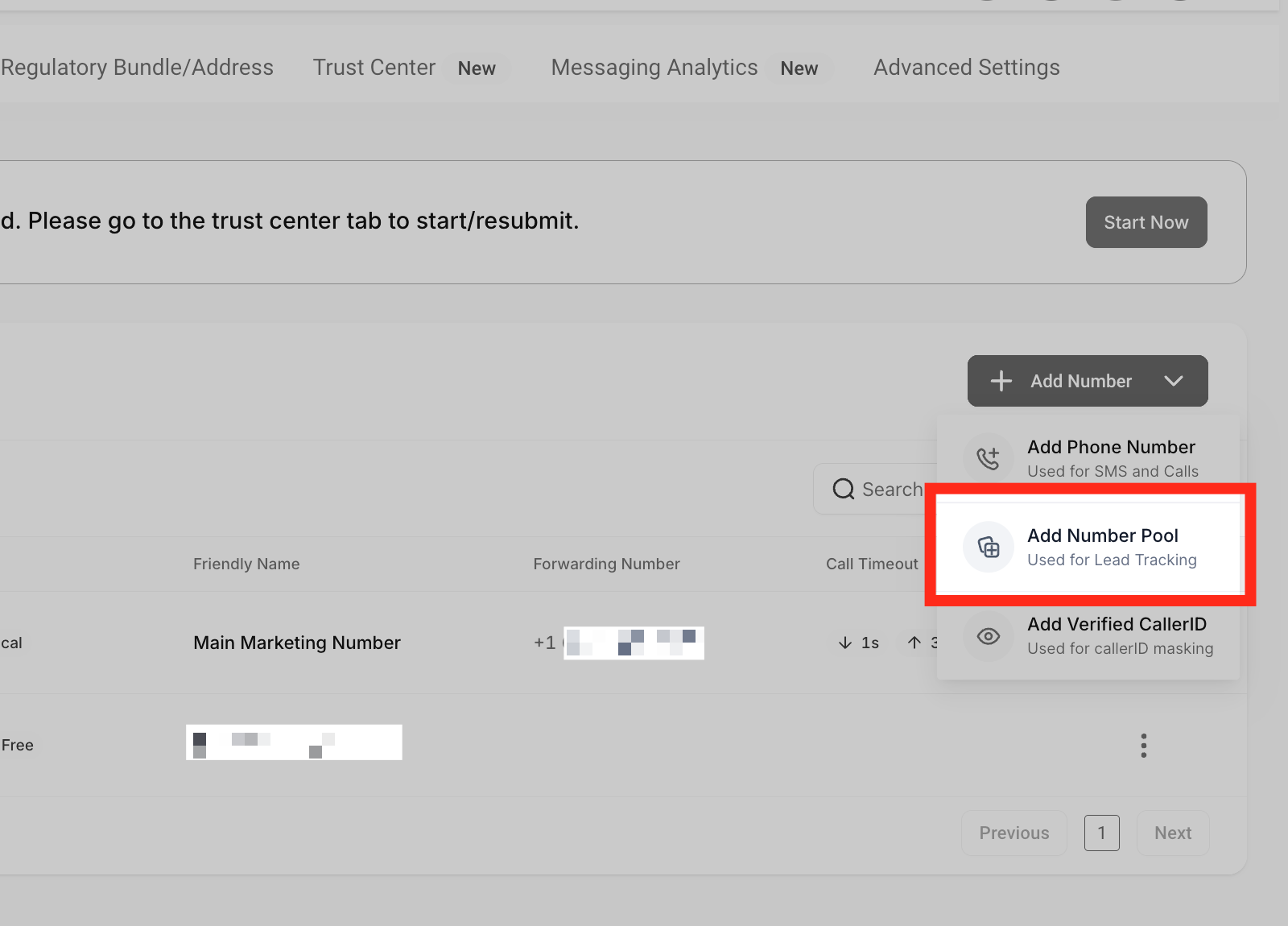 Add Number Pool dropdown