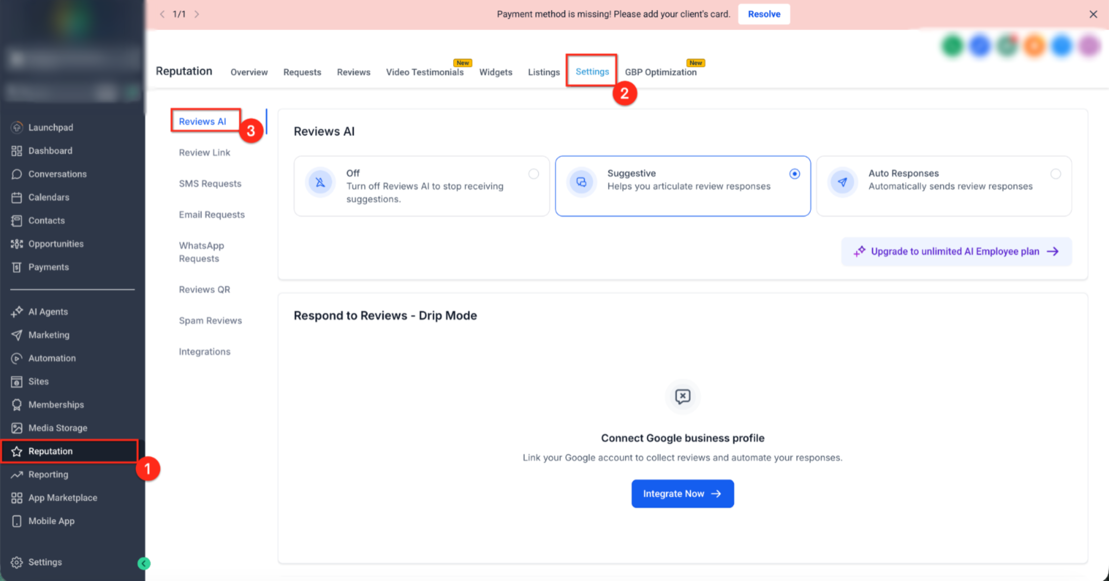 Reputation Settings showing Reviews AI modes and the Google Business Profile integration prompt.